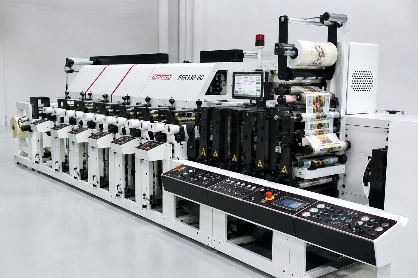 Flexographic label press printing a full-color custom label web